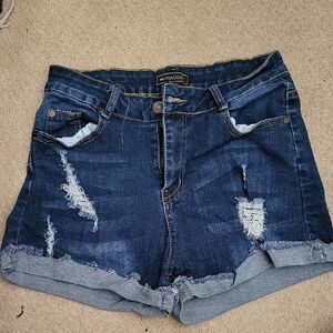 Women's Ripped Denim Shorts - Dark Blue